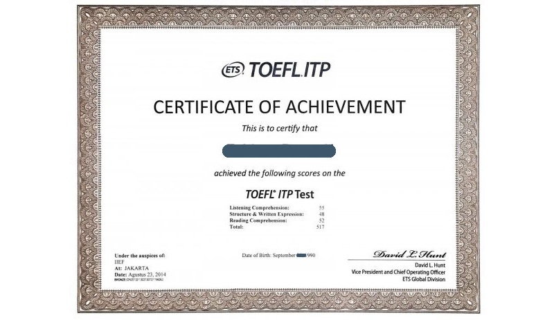 Hình ảnh chứng chỉ TOEFL ITP (Ảnh: Sưu tầm internet)