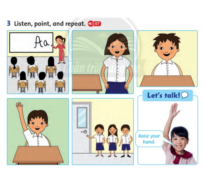 Nghe đoạn audio, chỉ tranh tương ứng và thực hành nói. (Ảnh: Chụp màn hình SGK)