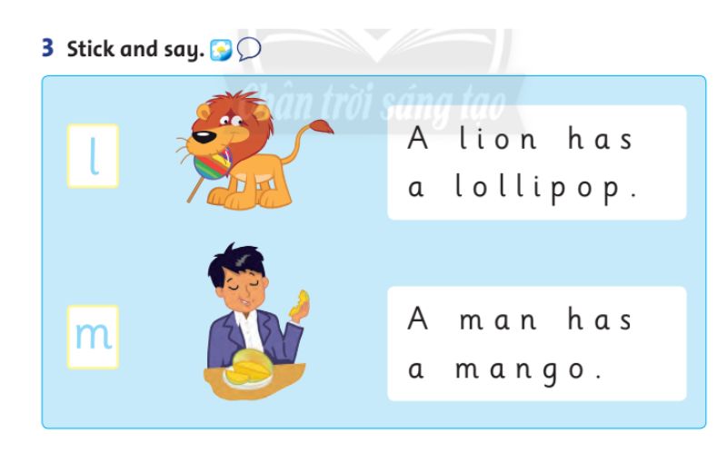 Hoạt động 3 Stick and say - Lesson 5. (Ảnh: Chụp màn hình SGK)