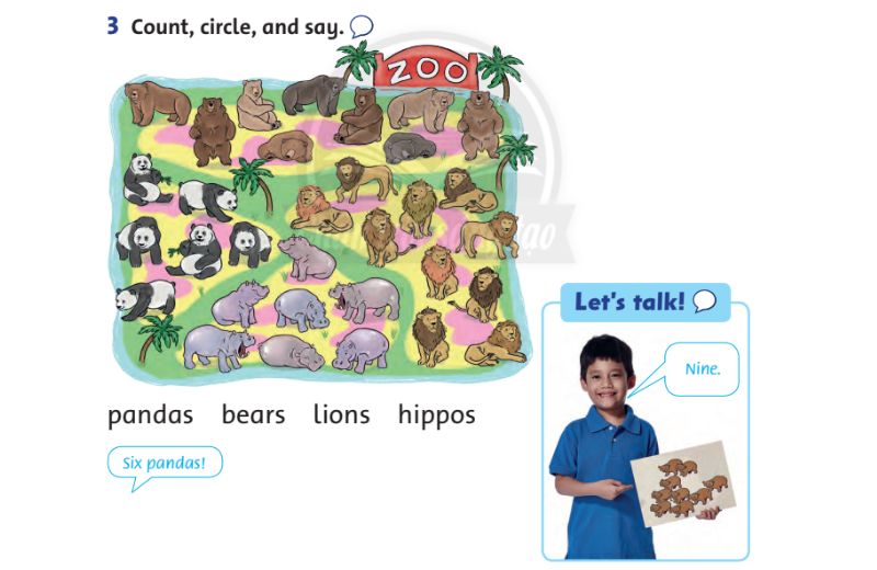 Hoạt động 3 Count, circle and say - Lesson 4 Tiếng Anh lớp 1 unit 4 They're bears. (Ảnh: Chụp màn hình SGK)