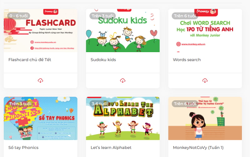 Học liệu trên website của Monkey. (Ảnh: Chụp màn hình)