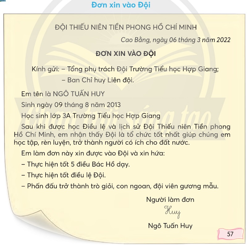 Bài đọc Đơn xin vào Đội. (Ảnh: Sưu tầm Internet)