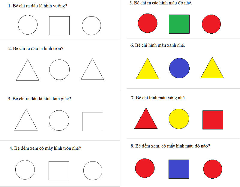 Dạng toán nhận biết hình ảnh, màu sắc cho bé. (Ảnh: Bé Tư Duy)