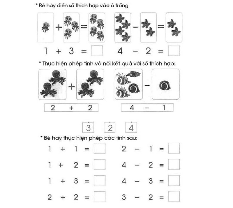 Bài tập tư duy cộng trừ cho bé 6 tuổi. (Ảnh: sưu tầm internet)