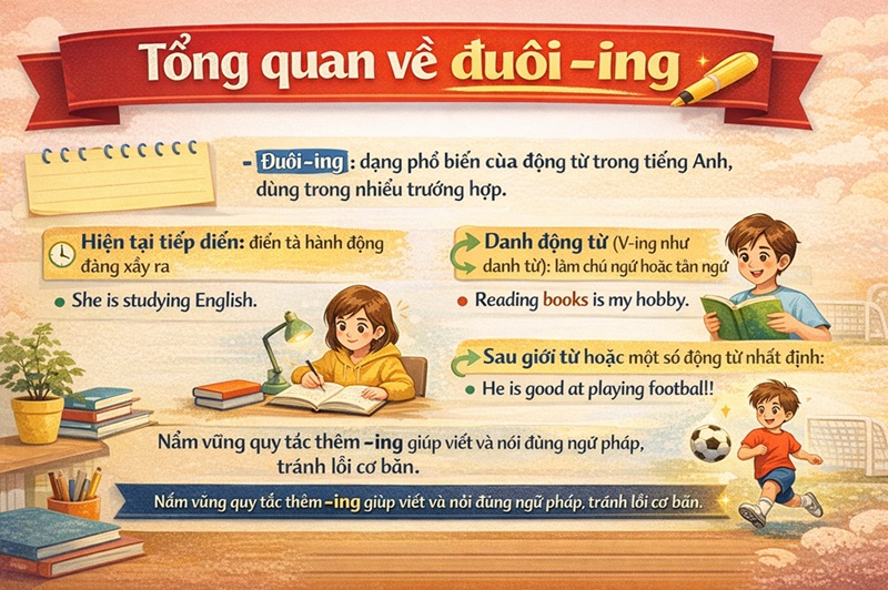 Trong tiếng Anh ở th&igrave; tiếp diễn thường sẽ th&ecirc;m đu&ocirc;i ing ở động từ (Ảnh: Sưu tầm internet)
