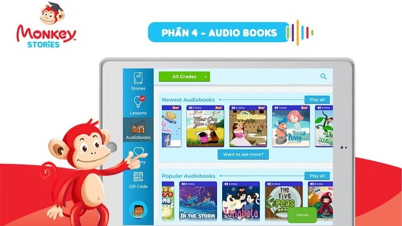 Đọc truyện tiếng Anh cho bé trên app Monkey. (Ảnh: Monkey) 
