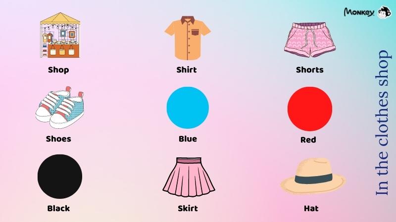 Từ vựng tiếng Anh lớp 2 chủ đề trong tiệm quần áo. (Ảnh: Tác giả)