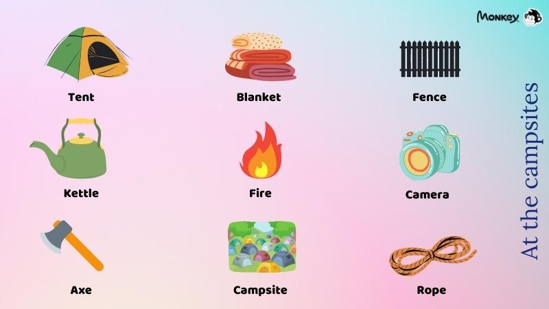 Từ vựng tiếng Anh lớp 2 chủ đề khu cắm trại. (Ảnh: Tác giả)