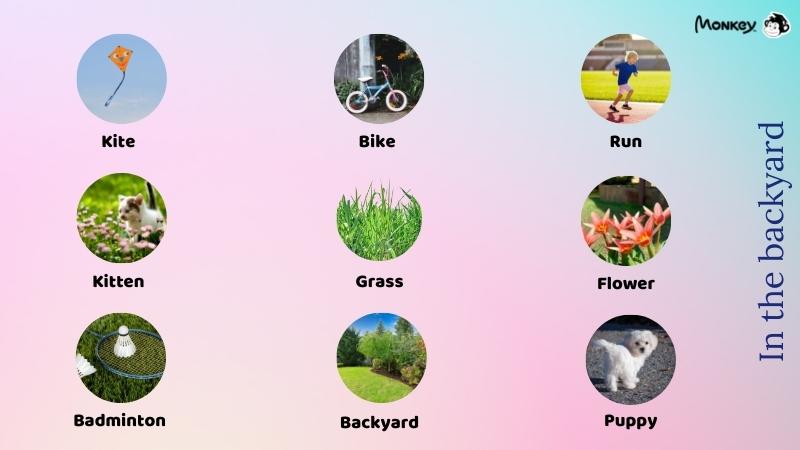 Từ vựng tiếng Anh lớp 2 chủ đề sân nhà. (Ảnh: Tác giả)