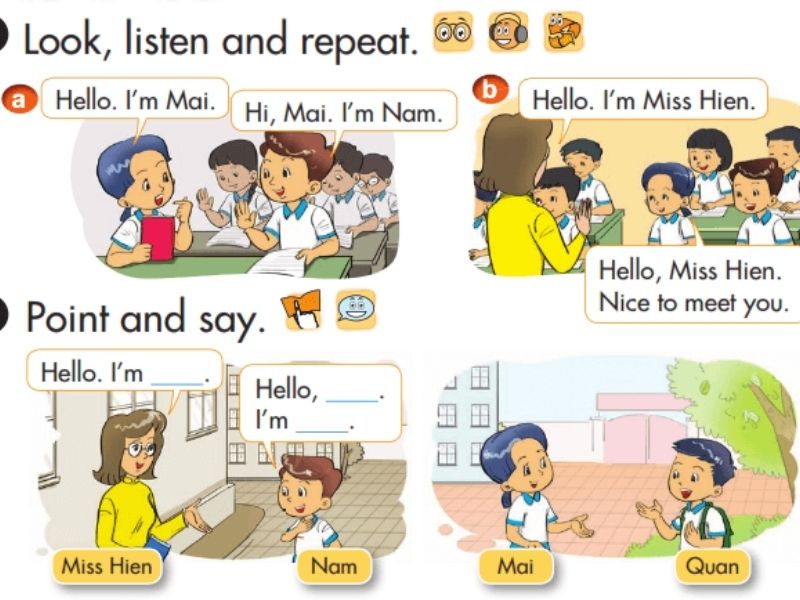 Học lời chào Hello thông qua Unit 1, sách giáo khoa tiếng Anh lớp 3. (Ảnh: Sưu tầm Internet)