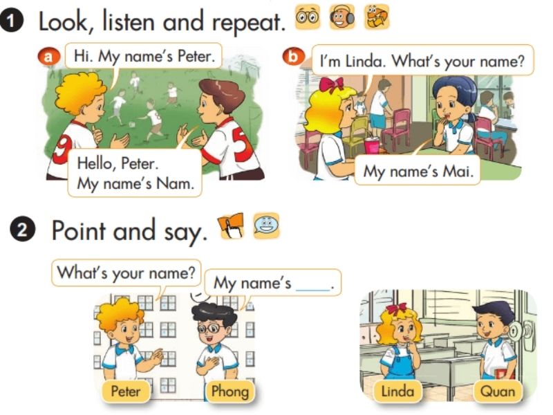 Bé thực hành chủ đề hỏi bạn tên gì cùng bạn học của mình. (Ảnh: Sưu tầm Internet)