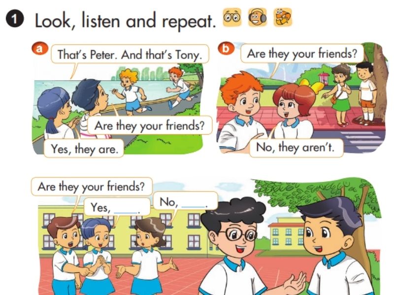 Bé tự tin đặt câu hỏi “Họ có phải là bạn của cậu không?” bằng Tiếng Anh một cách thú vị. (Ảnh: Sưu tầm Internet)