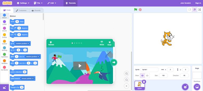 Giao diện thiết kế ý tưởng của Scratch. (Ảnh: https://scratch.mit.edu/)