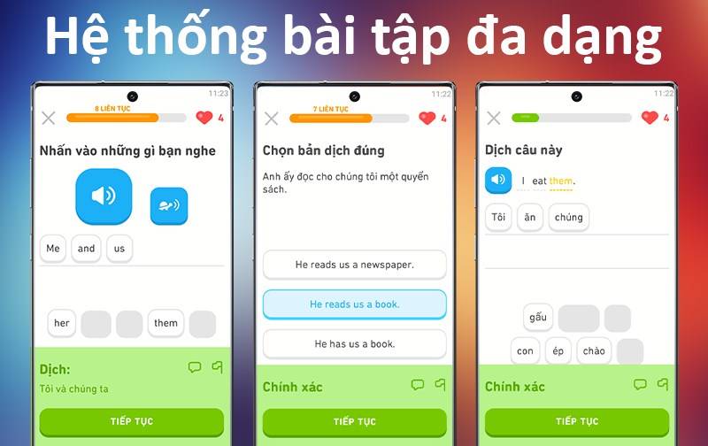 Hệ thống bài tập mẫu của Duolingo. (Ảnh: Internet)