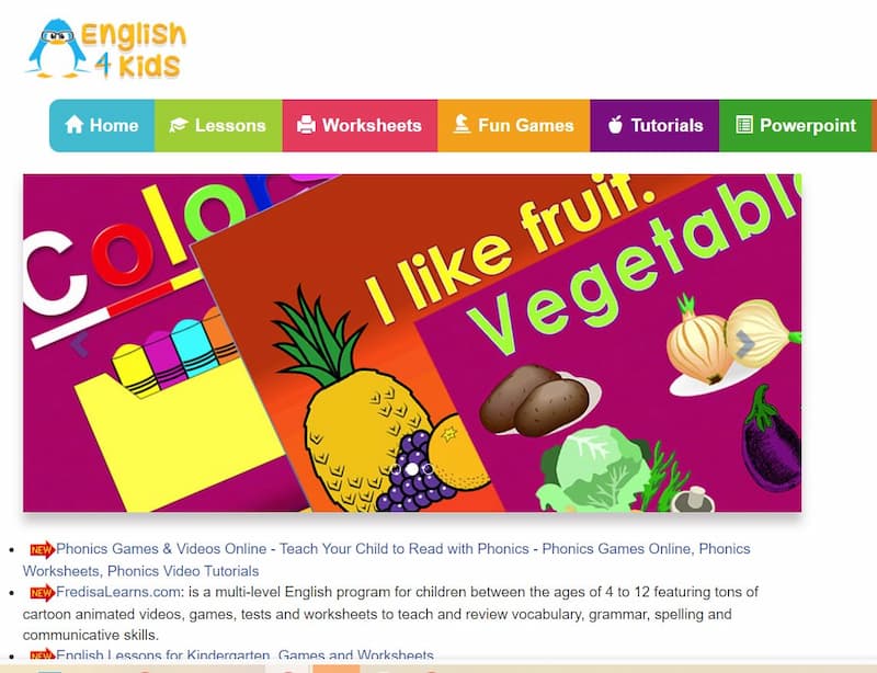 Web học ngoại ngữ cho bé English 4Kids. (Ảnh: Tác giả)