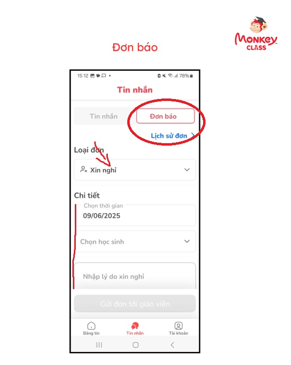 Ba mẹ có thể tạo đơn xin nghỉ dễ dàng trên app Monkey (Ảnh: Monkey)