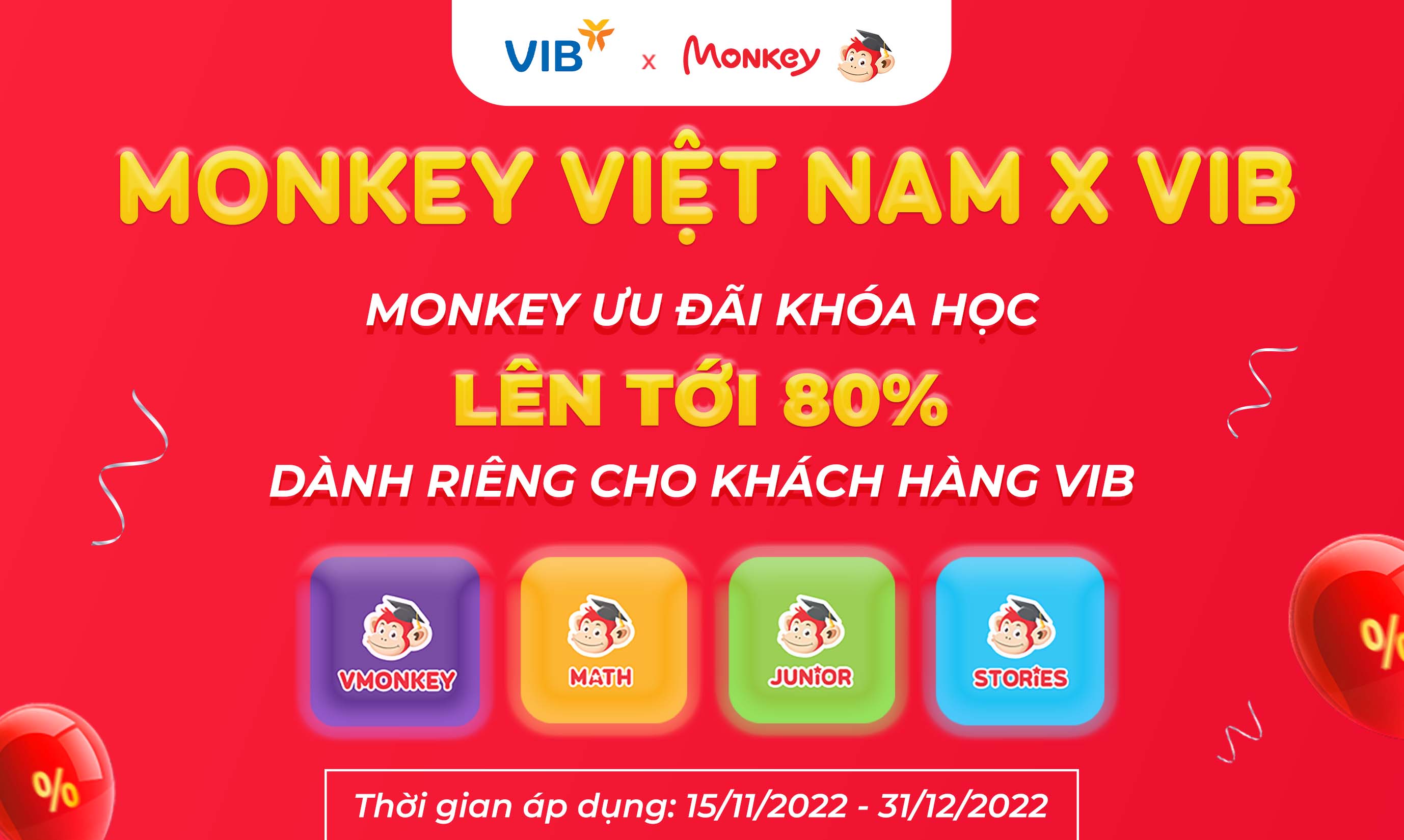 Monkey ưu đãi khóa học lên tới 80% dành riêng cho khách hàng VIB (VIB-ERS)