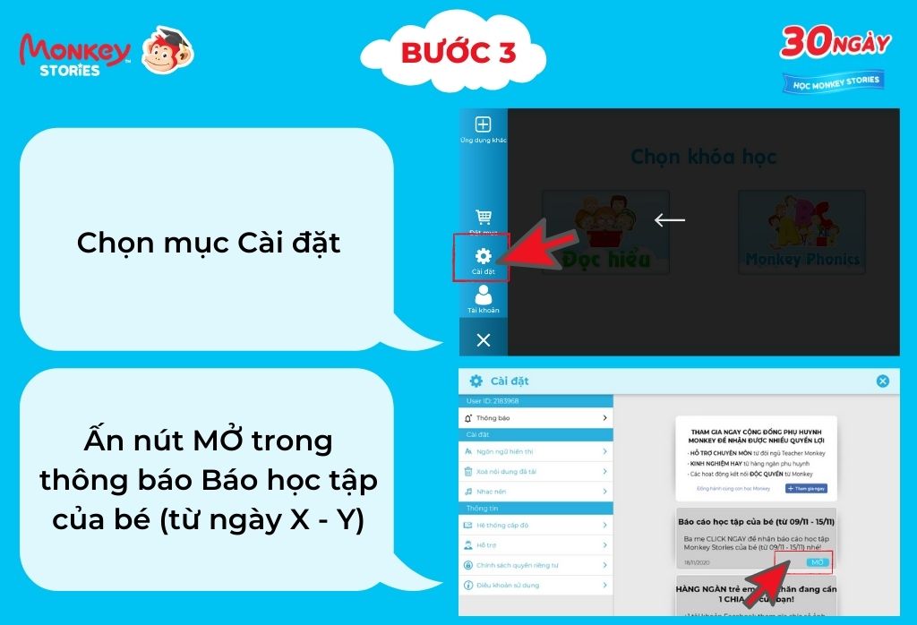 Cách xem báo cáo học tập trên Monkey Stories - Bước 3. (Ảnh: Monkey)