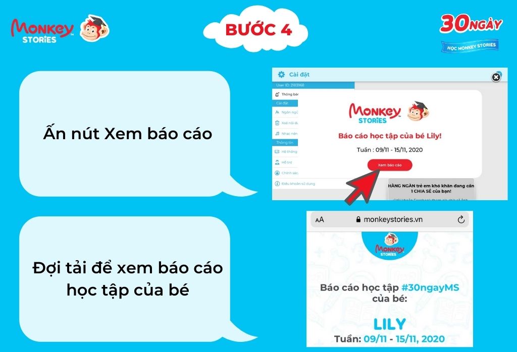 Cách xem báo cáo học tập trên Monkey Stories - Bước 4. (Ảnh: Monkey)