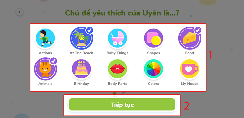 Úng dụng ưu tiên các bài học có chủ đề yêu thích của bé trước. (Ảnh: chụp màn hình)