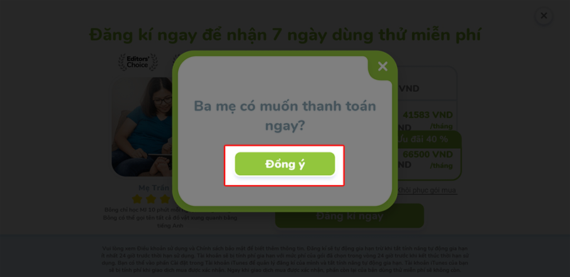Ba mẹ thanh toán để ứng dụng mở khóa tất cả các bài học. (Ảnh: Chụp màn hình)