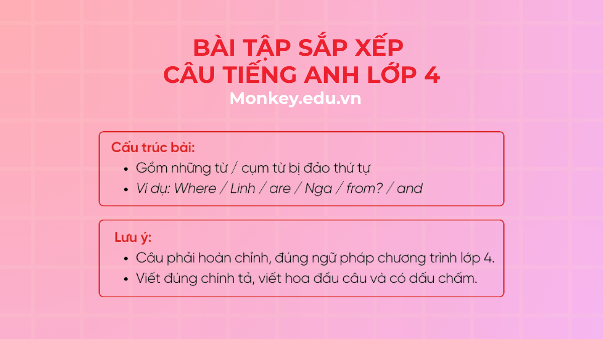 60 bài tập sắp xếp lại câu tiếng Anh lớp 4 học kì 1 và 2 (có đáp án)